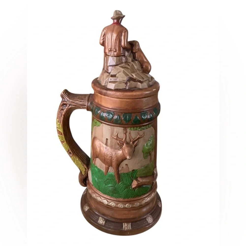 Vintage Ceramic Beer Stein Mug Hunting Scene Buck Deer Dog Large Size 13”